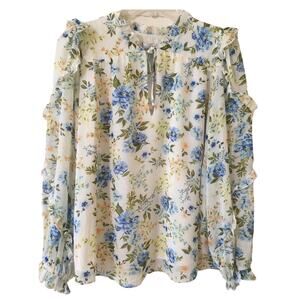 NWT Sugarlips Small Blue & Yellow Floral Ribboned Ruffled Long Sleeves Top